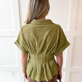 Gingham Pleated Waist Top - Matcha