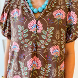 Floral Print Pleated Shirt Dress - Brown