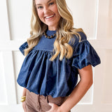 Knit Yoke Denim Bubble Top - Denim