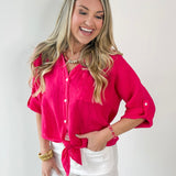 Linen Front Tie Shirt - Raspberry