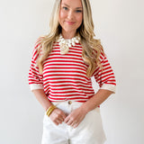 Stripe Contrast Knit Top - Red
