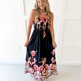 Floral Print Smocked Maxi Dress- Black