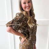 Gold Button Jacquard Top - Brown