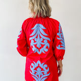 Baroque Floral Applique Dress - Red/blue