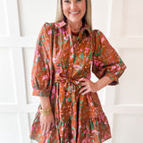 3/4 Sleeve Self Tie Mini Dress - Camel