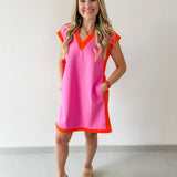 Contrast Accent Dress - Pink/Orange