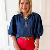 Denim High Neck Shirt Top- Dark Denim