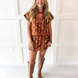 Floral Print Top & Skort Set- Brown
