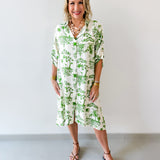 3/4 Roll Up Midi Shirt Dress- Ivory/Green