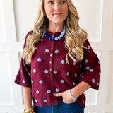 Polka Dot Knit Cardigan -Wine