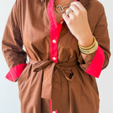 Tie Waist Accent Detail Dress - Brown