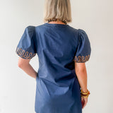 Puff Sleeves Embroidered Dress -Navy