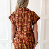 Floral Print Top & Skort Set- Brown