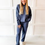 Contrast Satin Top & Pant Set - Navy