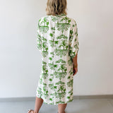 3/4 Roll Up Midi Shirt Dress- Ivory/Green
