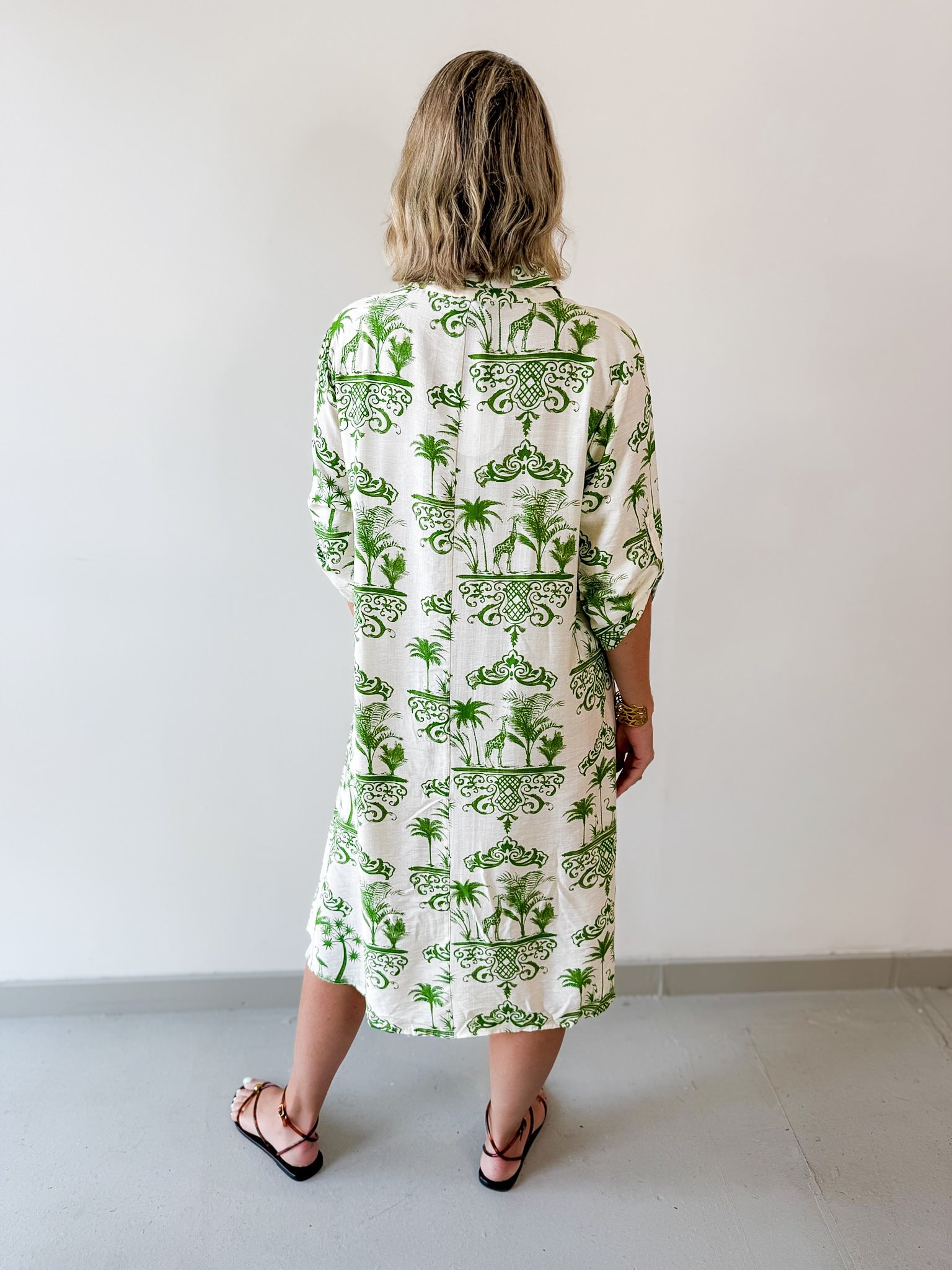 3/4 Roll Up Midi Shirt Dress- Ivory/Green