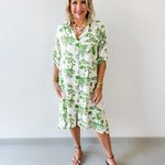 3/4 Roll Up Midi Shirt Dress- Ivory/Green