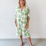 3/4 Roll Up Midi Shirt Dress- Ivory/Green