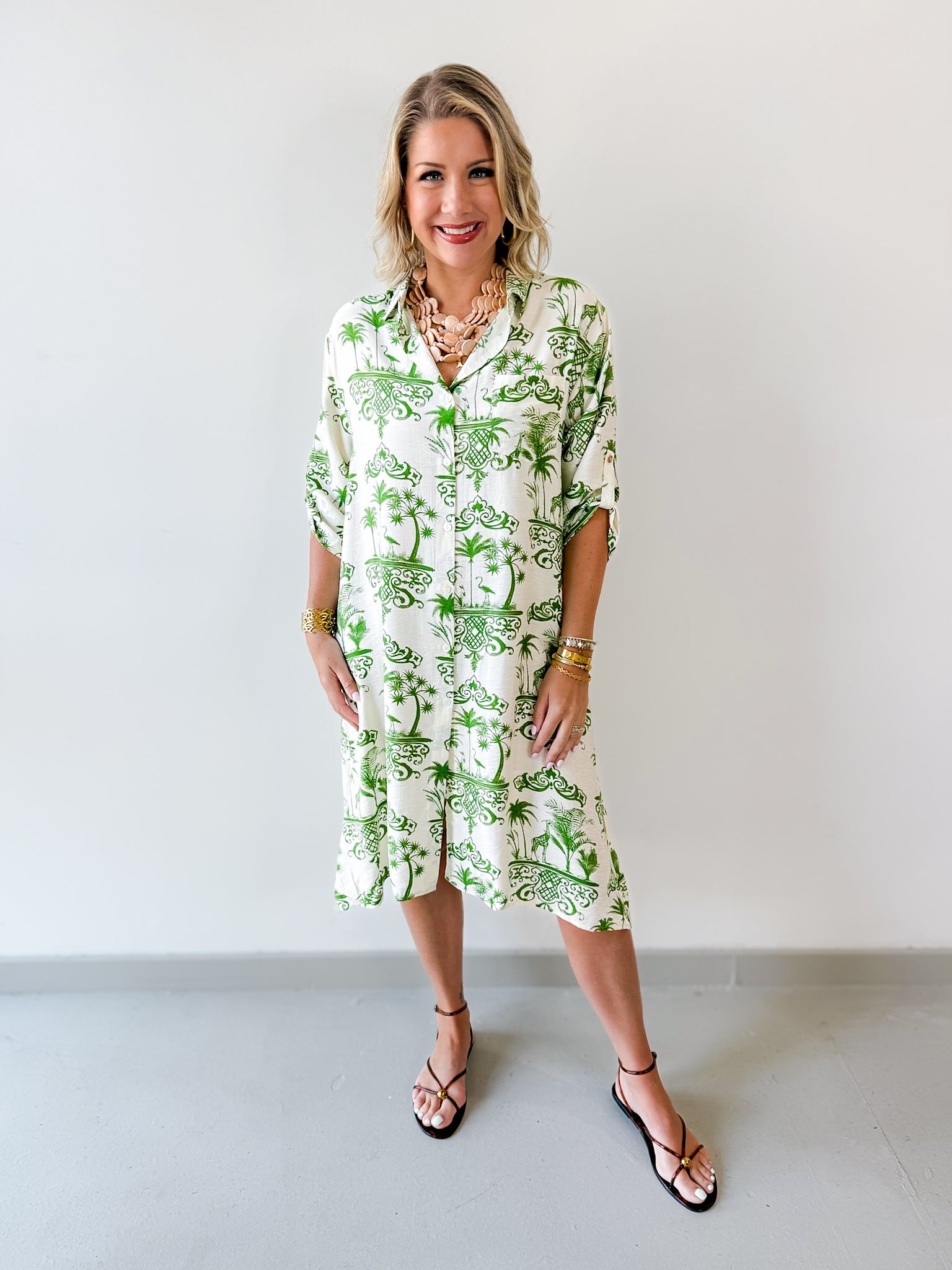 3/4 Roll Up Midi Shirt Dress- Ivory/Green