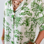 3/4 Roll Up Midi Shirt Dress- Ivory/Green