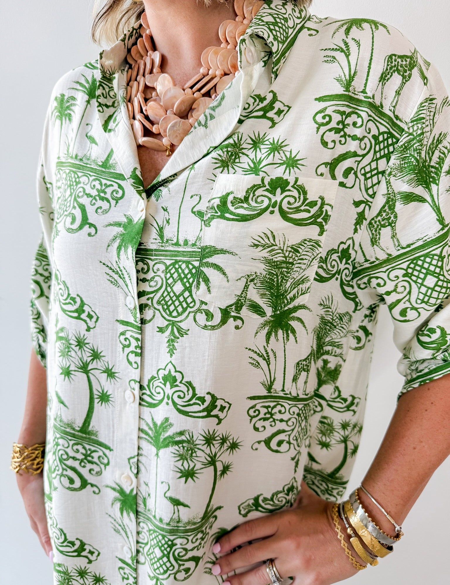 3/4 Roll Up Midi Shirt Dress- Ivory/Green