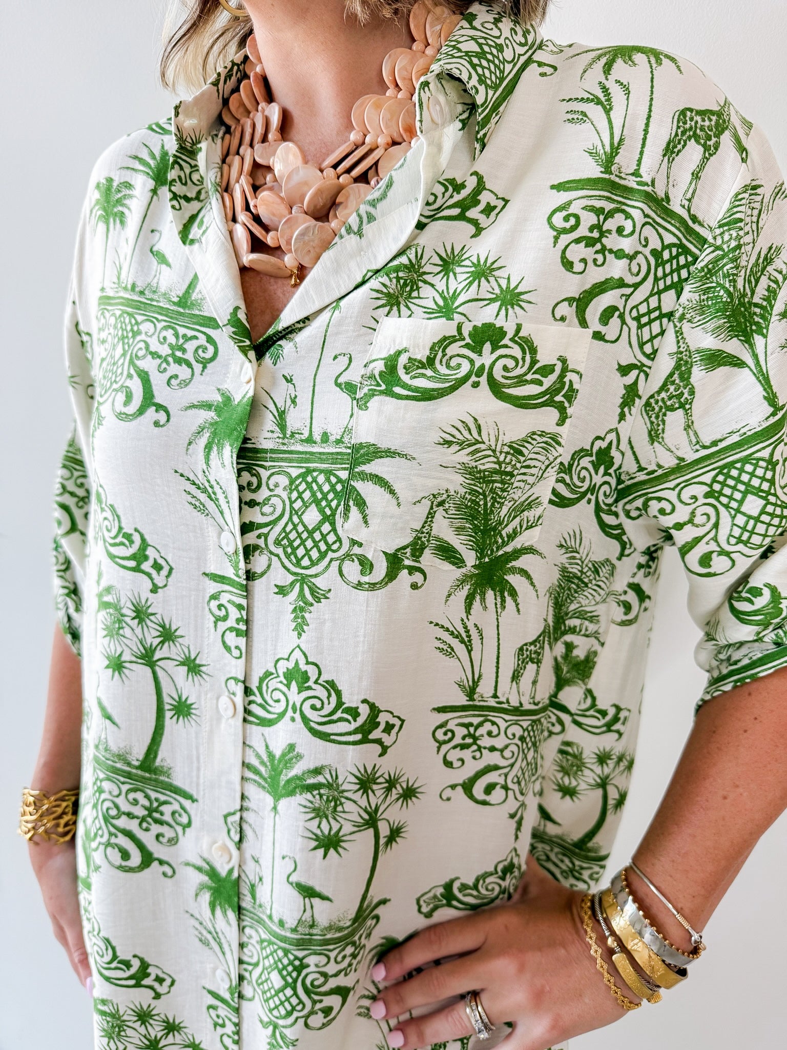3/4 Roll Up Midi Shirt Dress- Ivory/Green