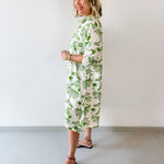 3/4 Roll Up Midi Shirt Dress- Ivory/Green