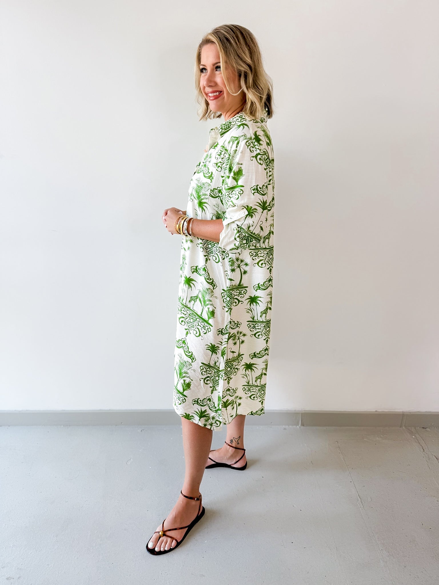 3/4 Roll Up Midi Shirt Dress- Ivory/Green
