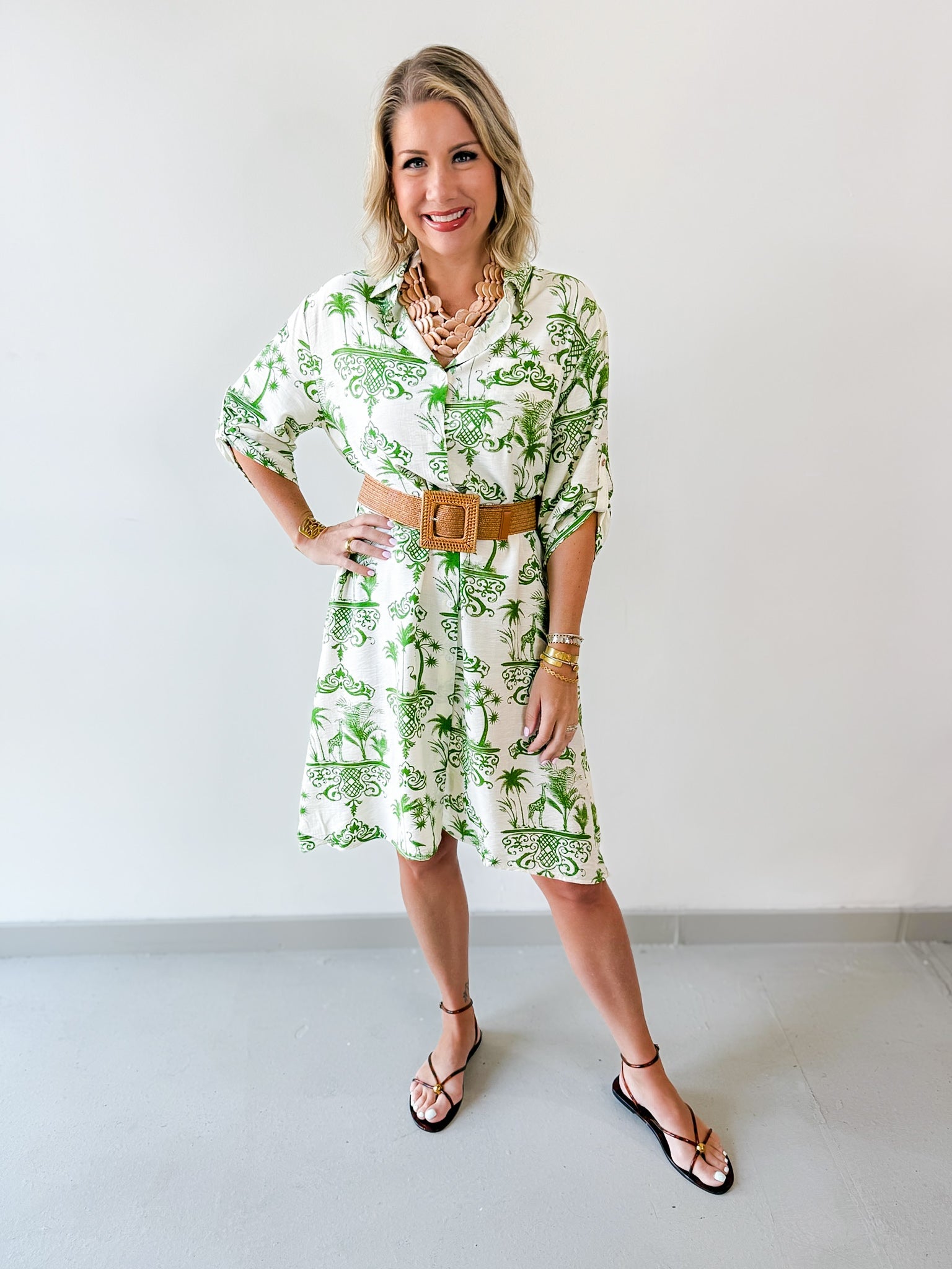 3/4 Roll Up Midi Shirt Dress- Ivory/Green