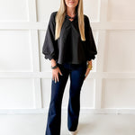3/4 Scalloped Sleeve and Neck Top- Black