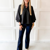 3/4 Scalloped Sleeve and Neck Top- Black