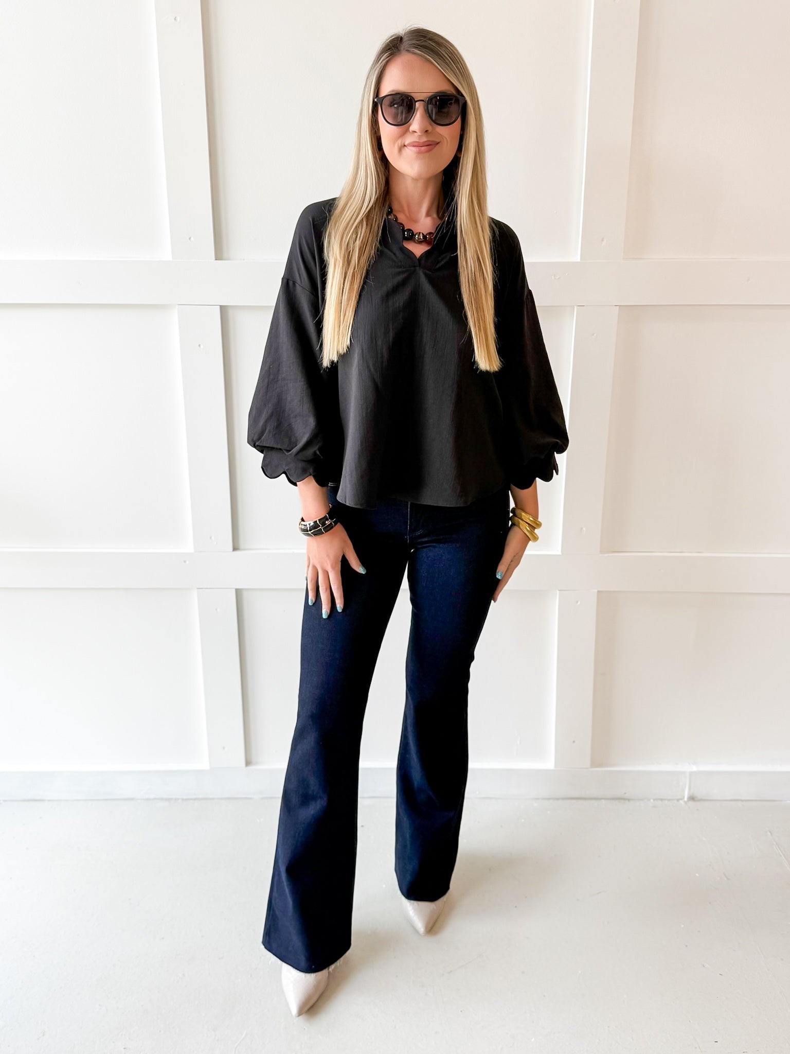 3/4 Scalloped Sleeve and Neck Top- Black