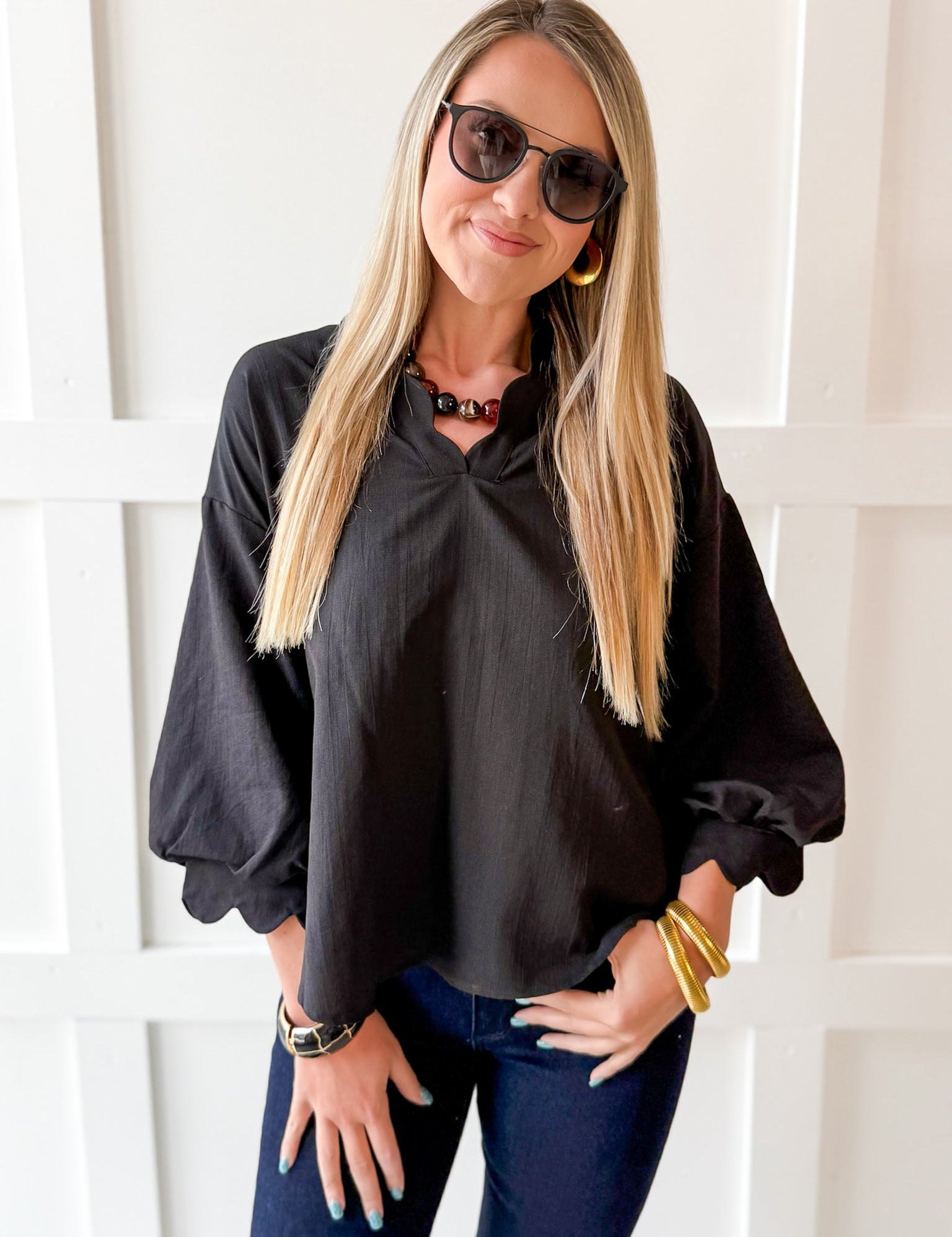 3/4 Scalloped Sleeve and Neck Top- Black
