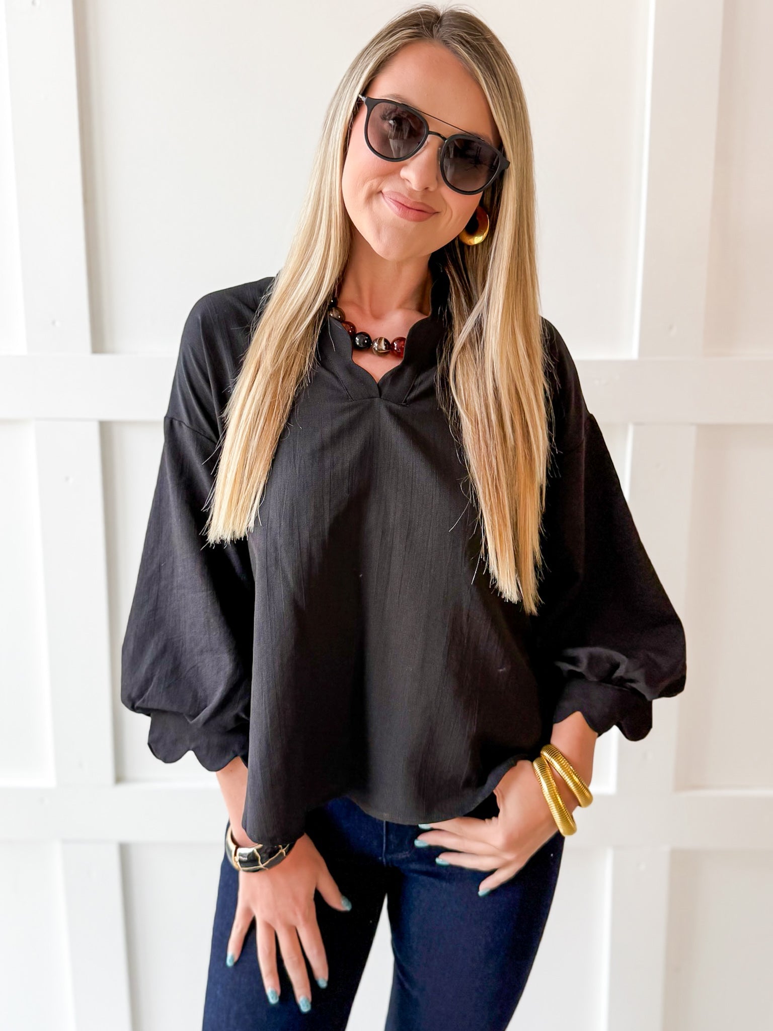 3/4 Scalloped Sleeve and Neck Top- Black