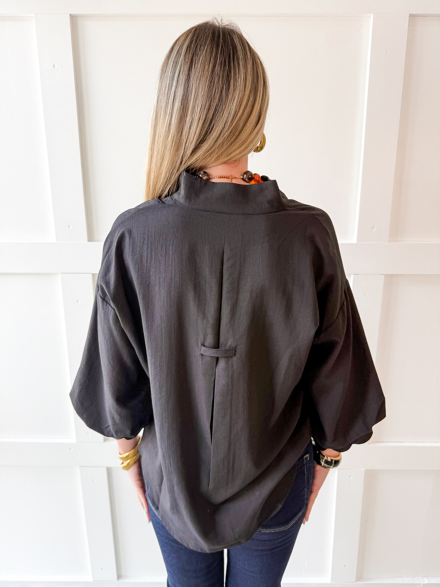 3/4 Scalloped Sleeve and Neck Top- Black