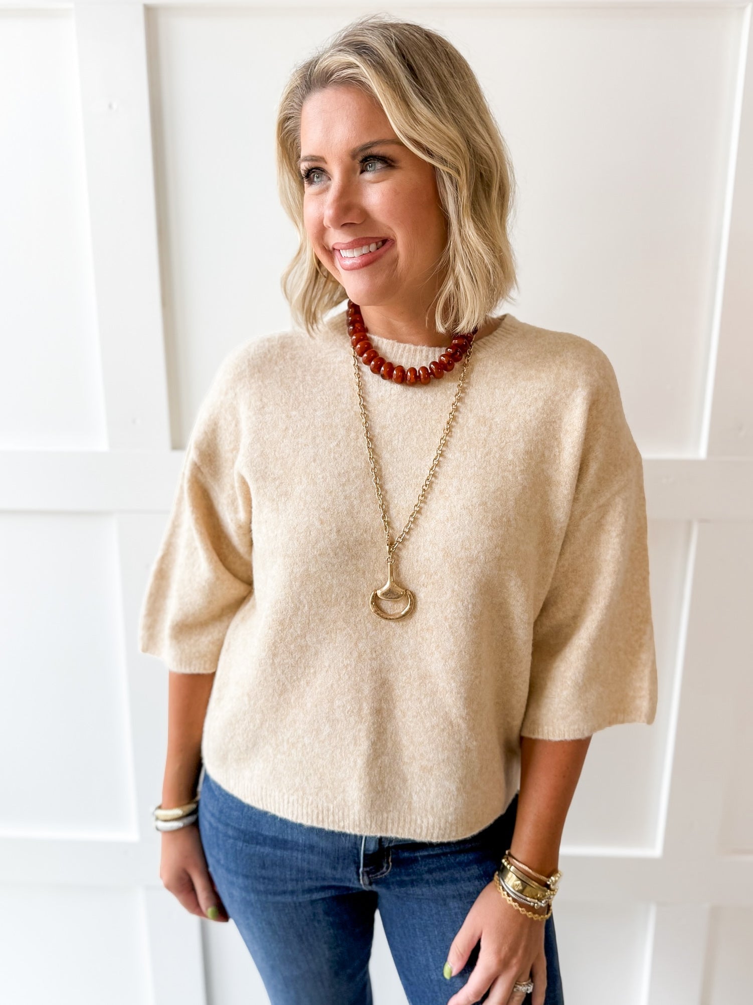 3/4 Sleeve Knit Top - Oatmeal