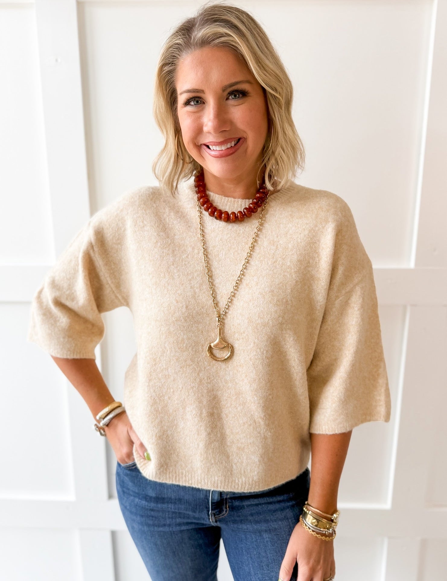 3/4 Sleeve Knit Top - Oatmeal