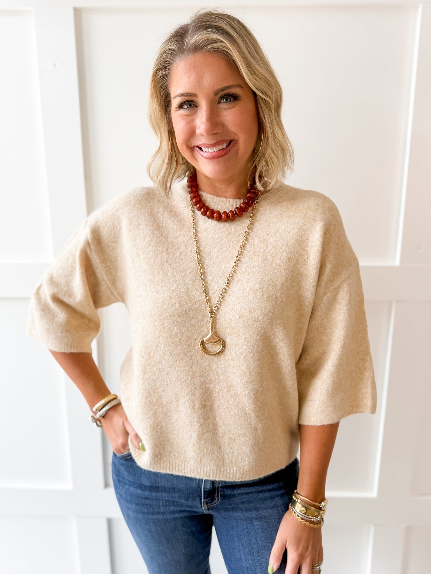 3/4 Sleeve Knit Top - Oatmeal