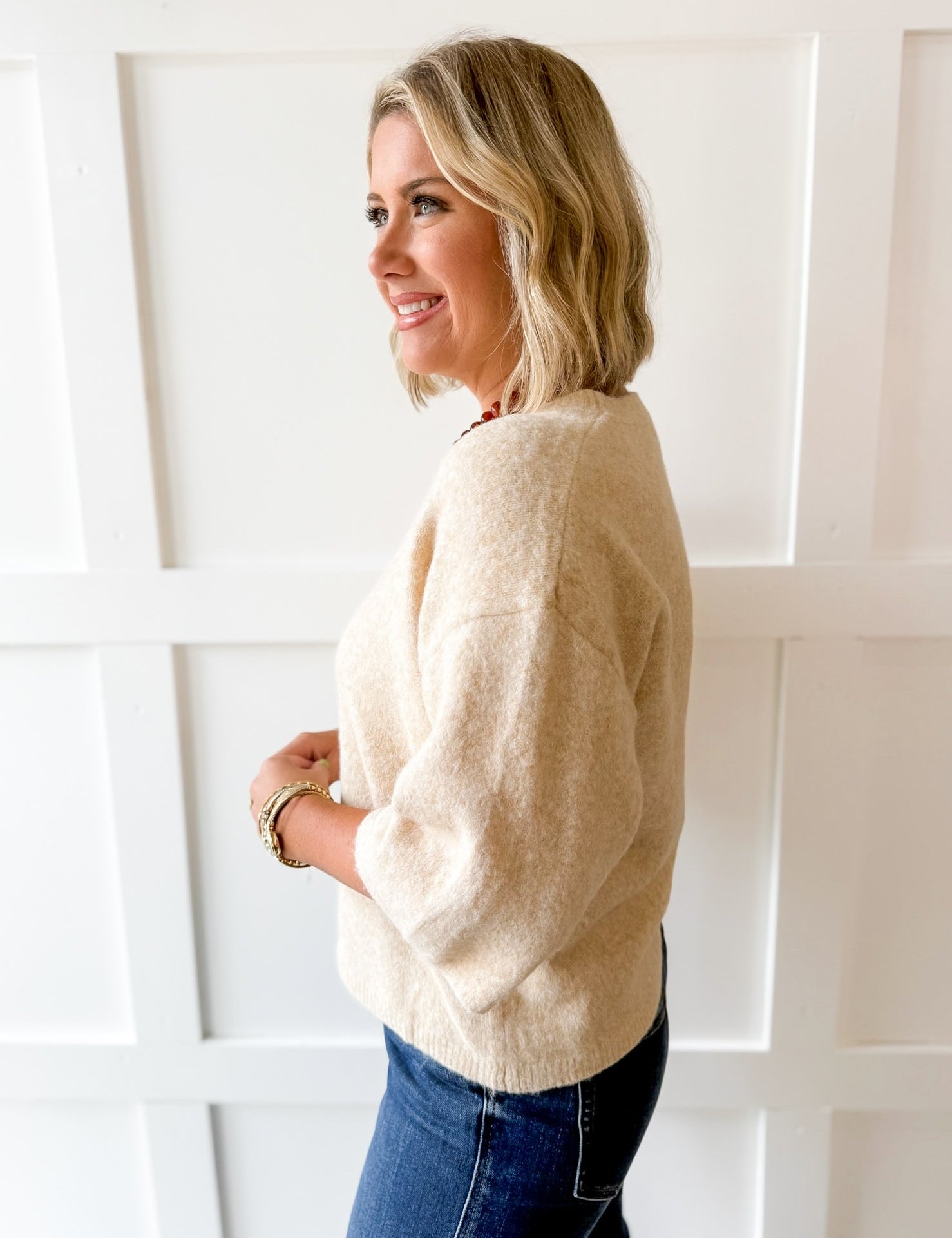 3/4 Sleeve Knit Top - Oatmeal