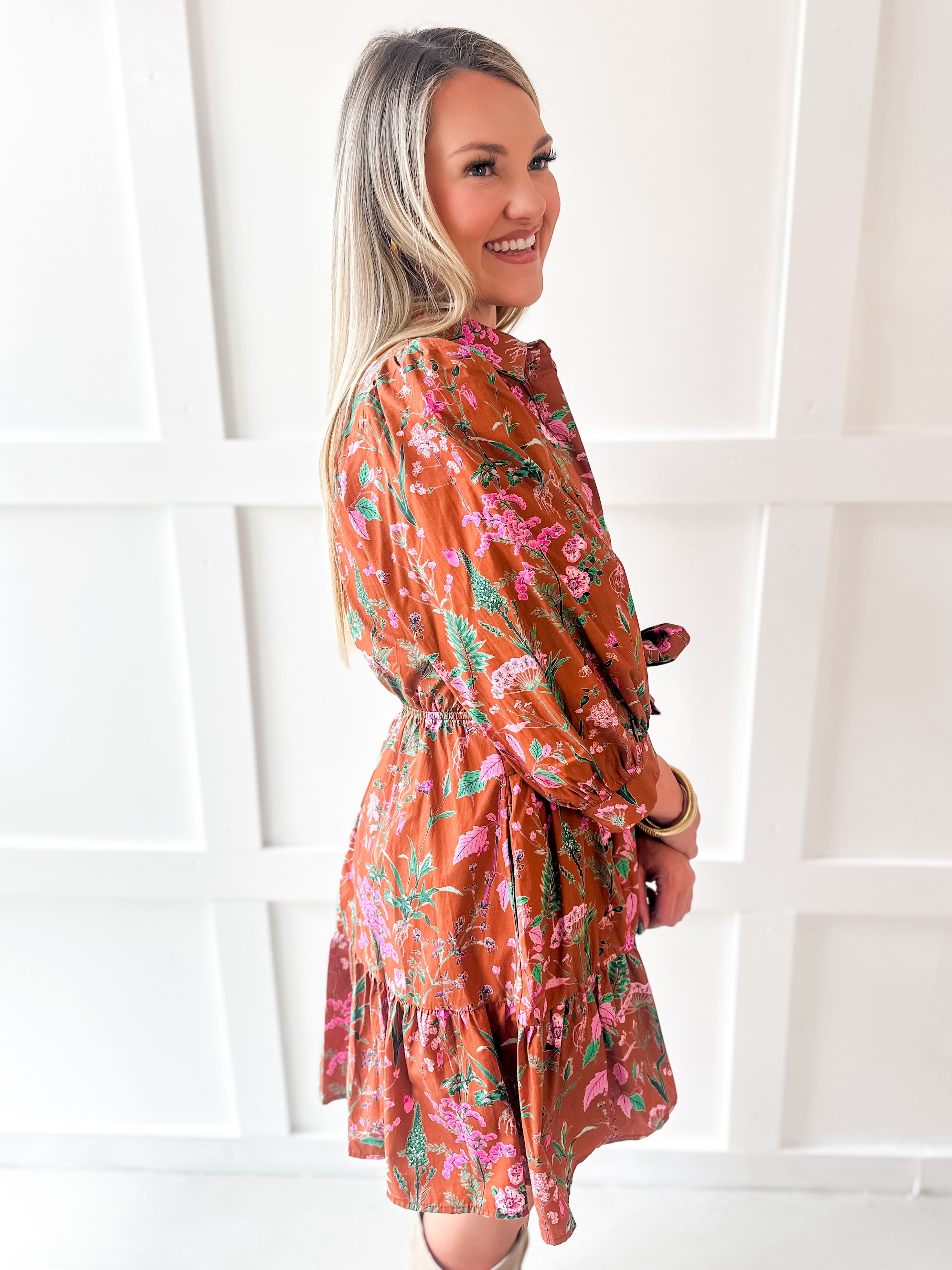 3/4 Sleeve Self Tie Mini Dress - Camel