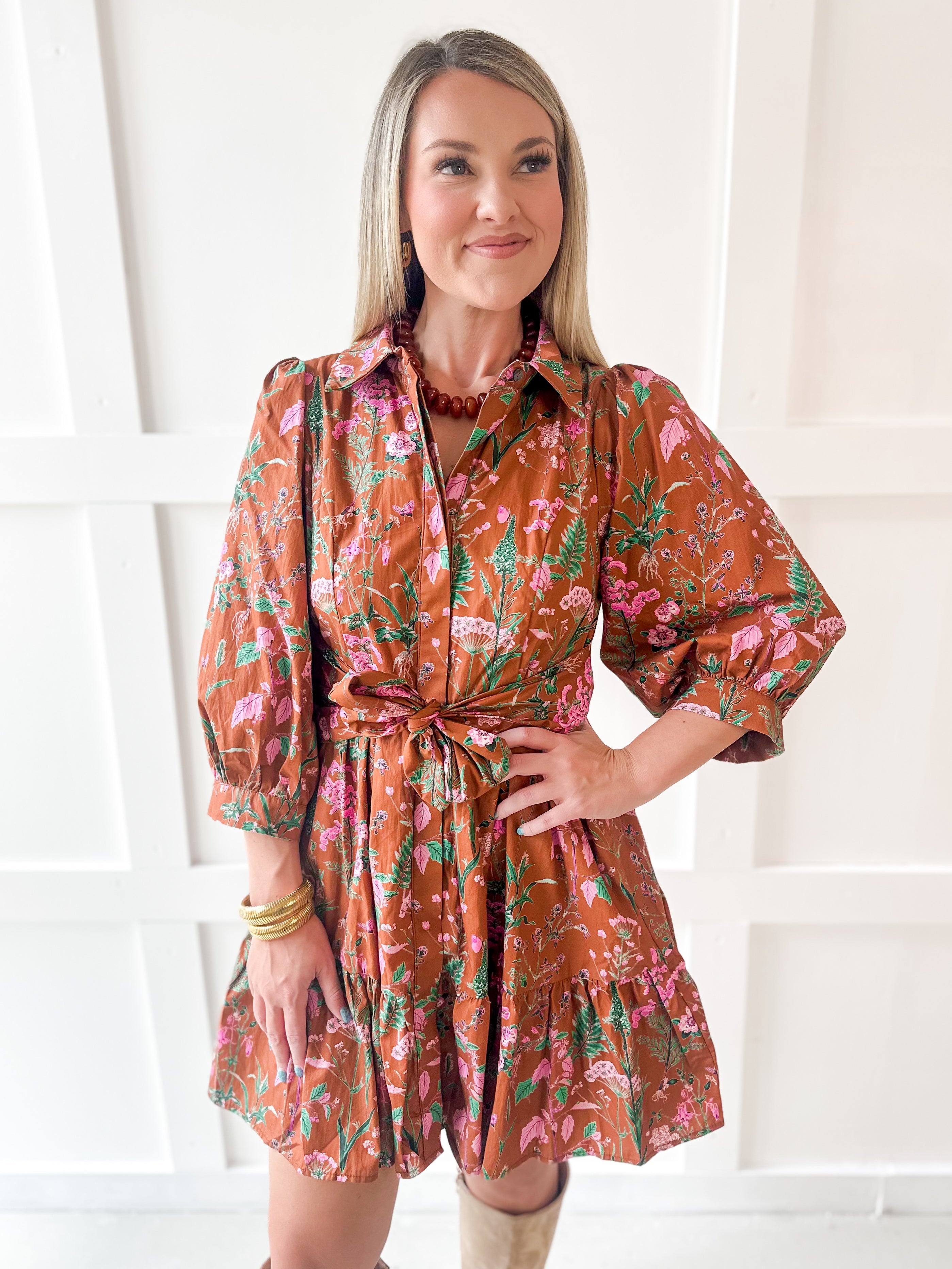 3/4 Sleeve Self Tie Mini Dress - Camel