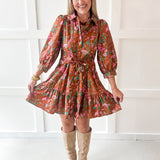 3/4 Sleeve Self Tie Mini Dress - Camel