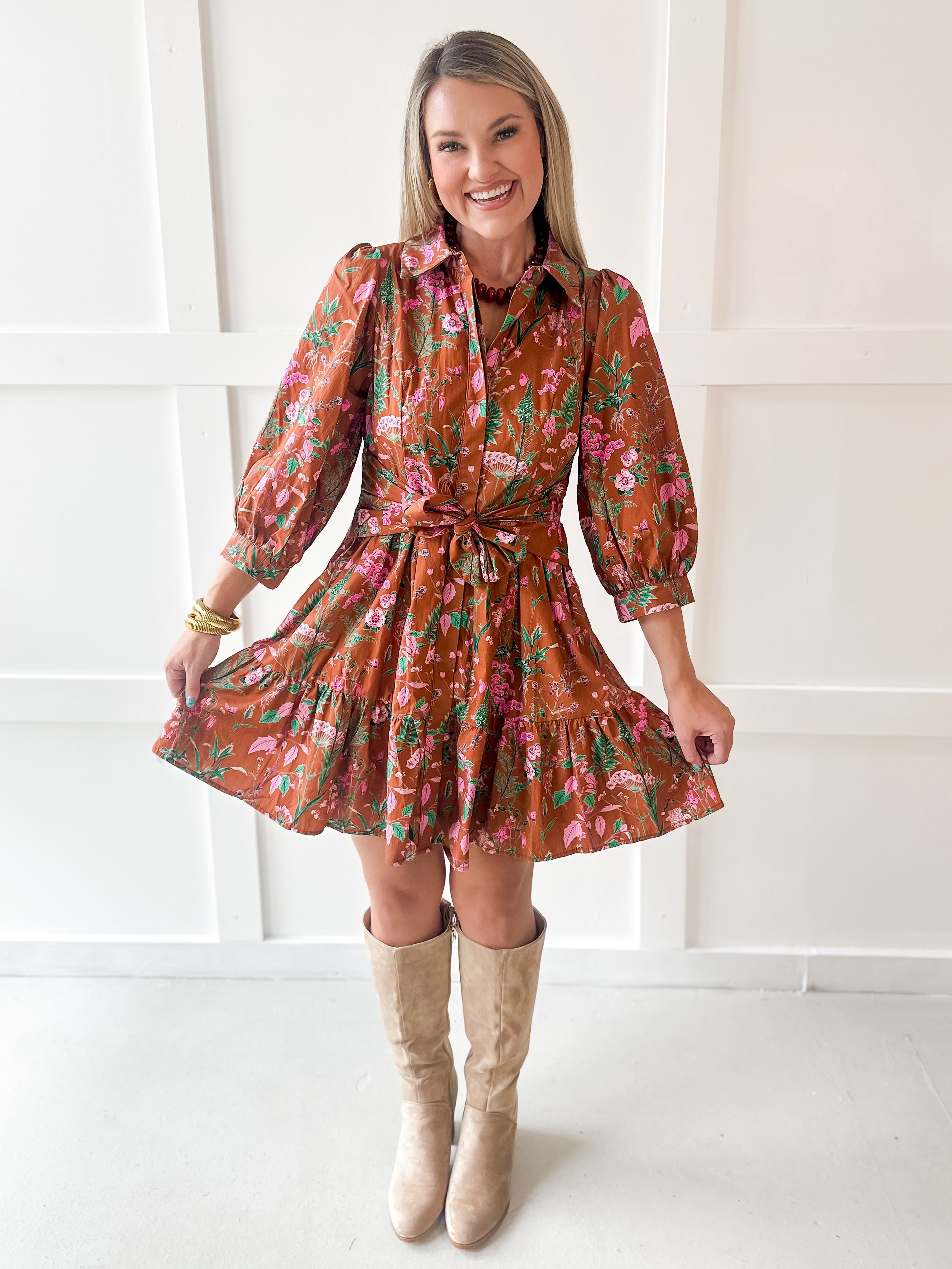 3/4 Sleeve Self Tie Mini Dress - Camel