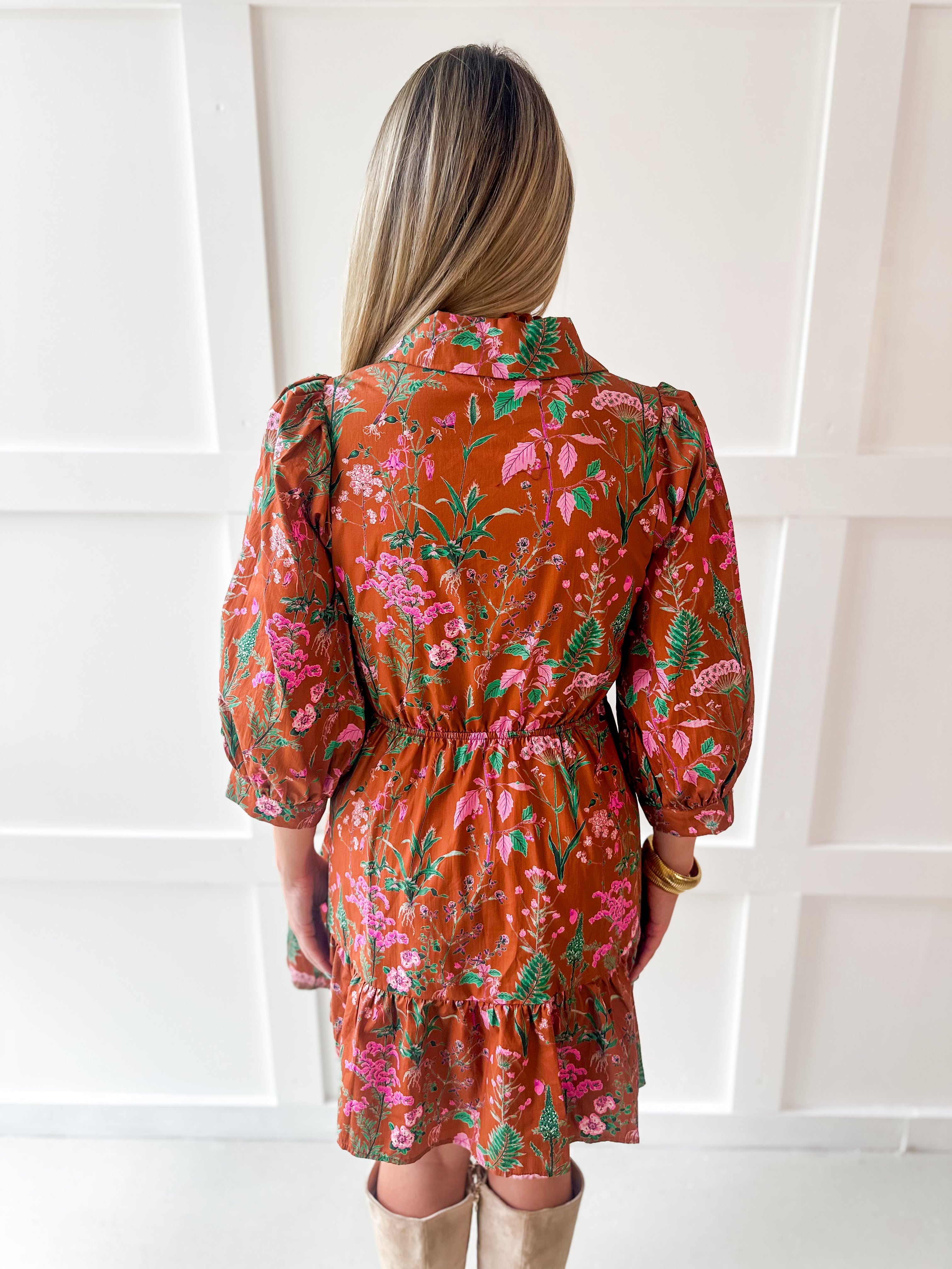 3/4 Sleeve Self Tie Mini Dress - Camel