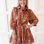 3/4 Sleeve Self Tie Mini Dress - Camel