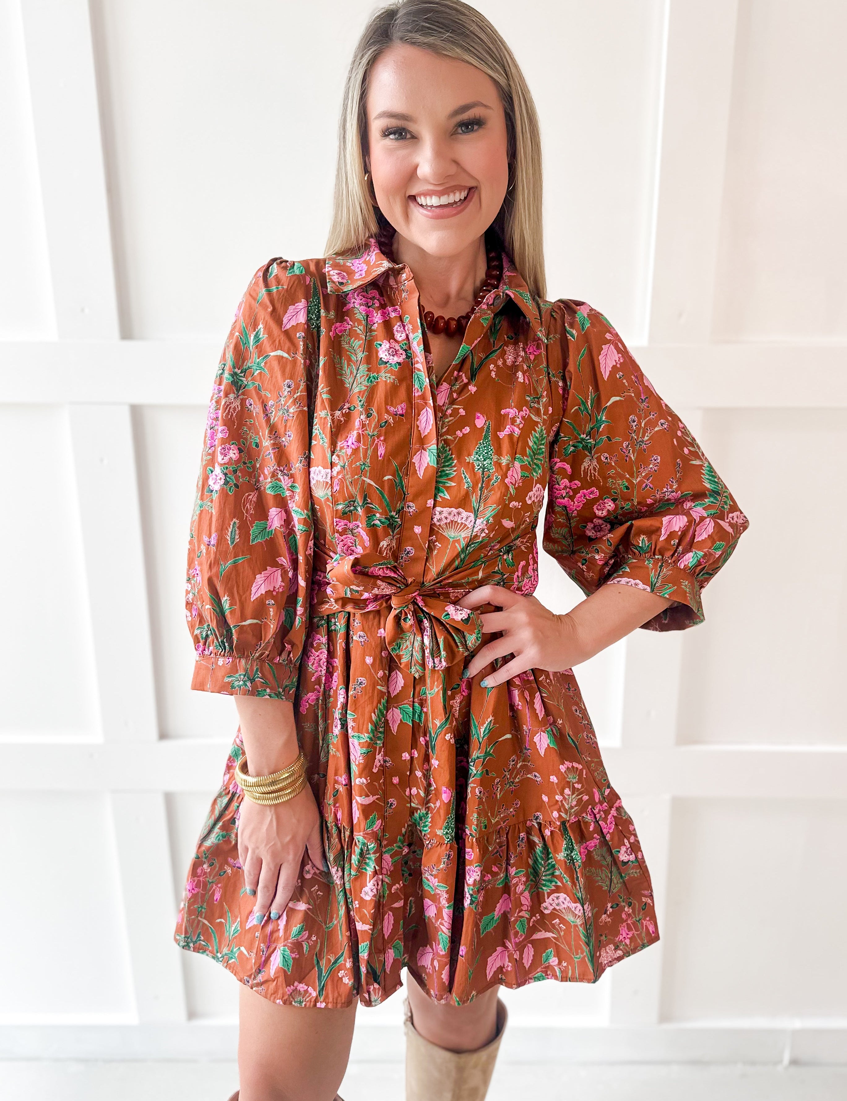 3/4 Sleeve Self Tie Mini Dress - Camel