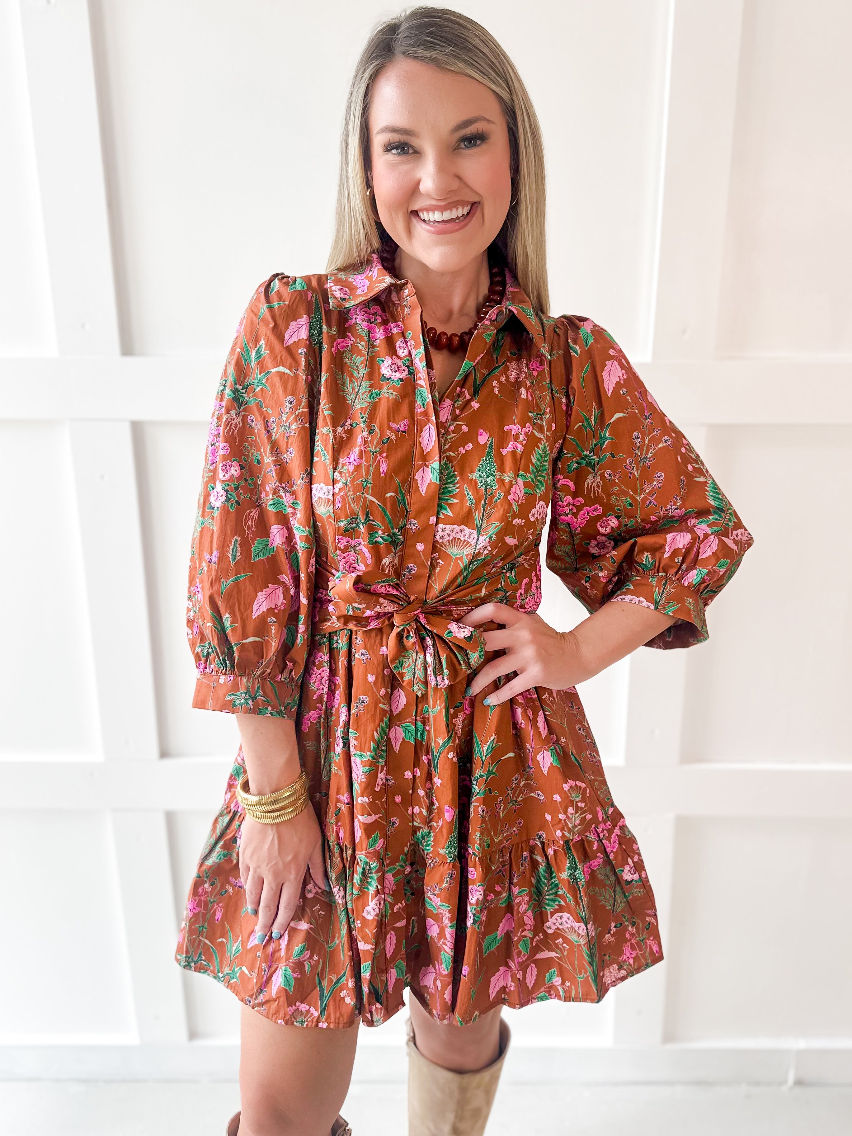 3/4 Sleeve Self Tie Mini Dress - Camel