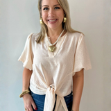 Tie Front Stripe Bubble Sleeve Top