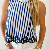 Embroidery Hem Top - Navy/White