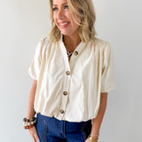 Puff Sleeve Bubble Hem Top - Ecru